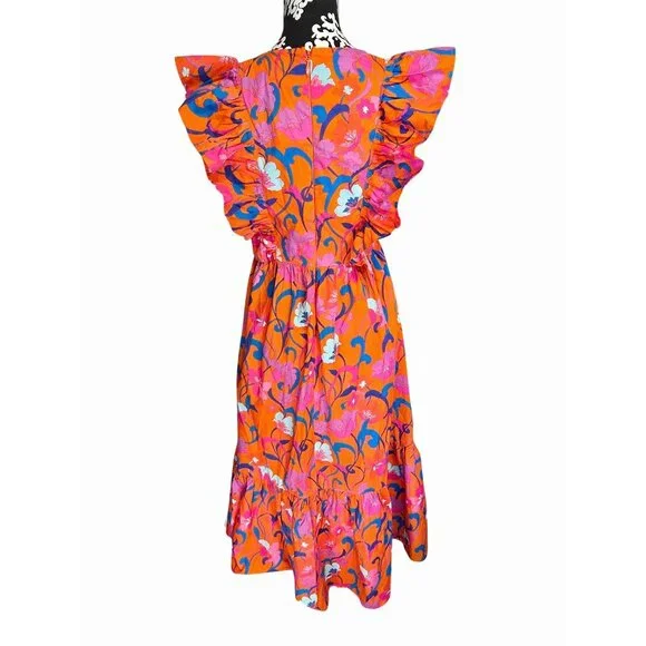 Sugarlips Floral Ruffle Maxi Dress Orange & Pink Small Cotton - Picture 2 of 5